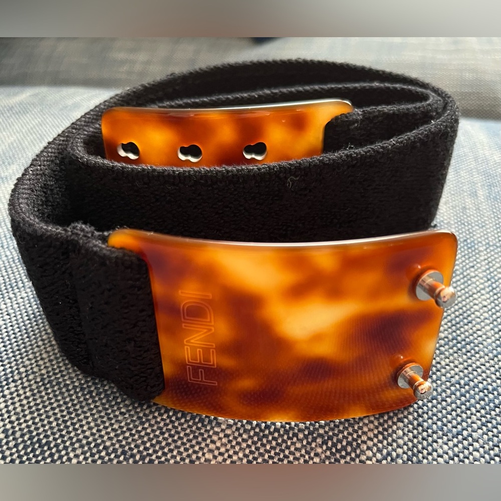 SOLD - Fendi Vintage Black Elastic Waist Cinch Tortoise Brown Belt Gold detail